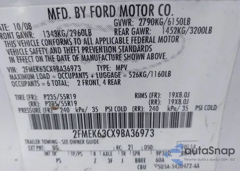 2009 Ford Flex Limited из США, поврежденный, VIN 2FMEK63CX9BA36973